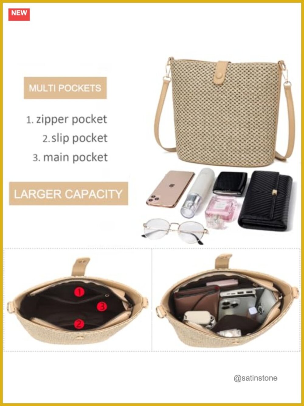 Woven Straw Crossbody Bag with Leather Strap Beach Summer Purse - Picture 6 of 7